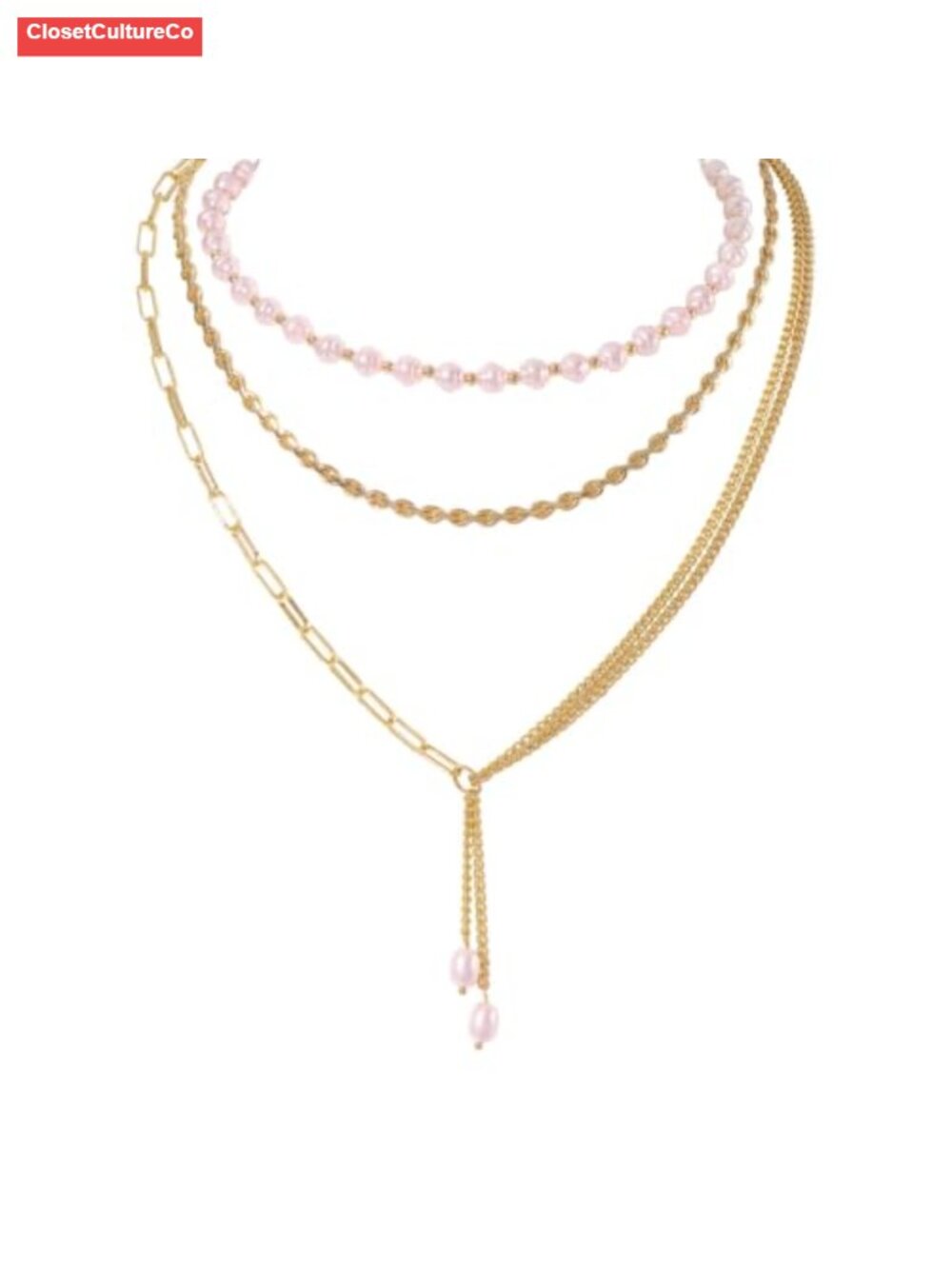3 Tier Layered Gold Chain and Pearl Necklace with Tassel Charm